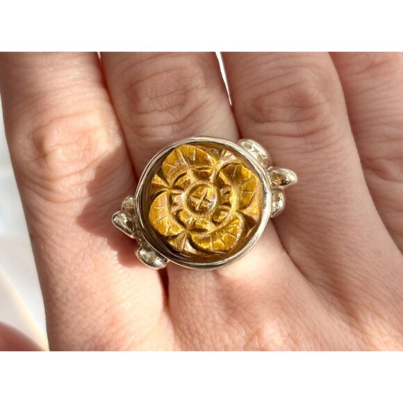 Hand Carved Wood Floral Shaped 925 Sterling Silver Statement Vintage Ring - sz 7 - Picture 1 of 11